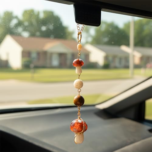 Qpige Mushroom Car Accessories for Women Cute Mushroom Hanging Ornament Boho Rear View Mirror Accessories Interior Car Decor Bag Charms Gifts for Women Girls (White) - Image 1