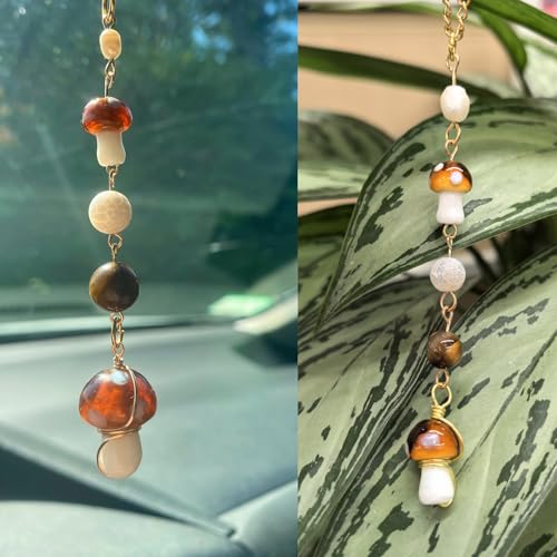 Qpige Mushroom Car Accessories for Women Cute Mushroom Hanging Ornament Boho Rear View Mirror Accessories Interior Car Decor Bag Charms Gifts for Women Girls (White) - Image 3