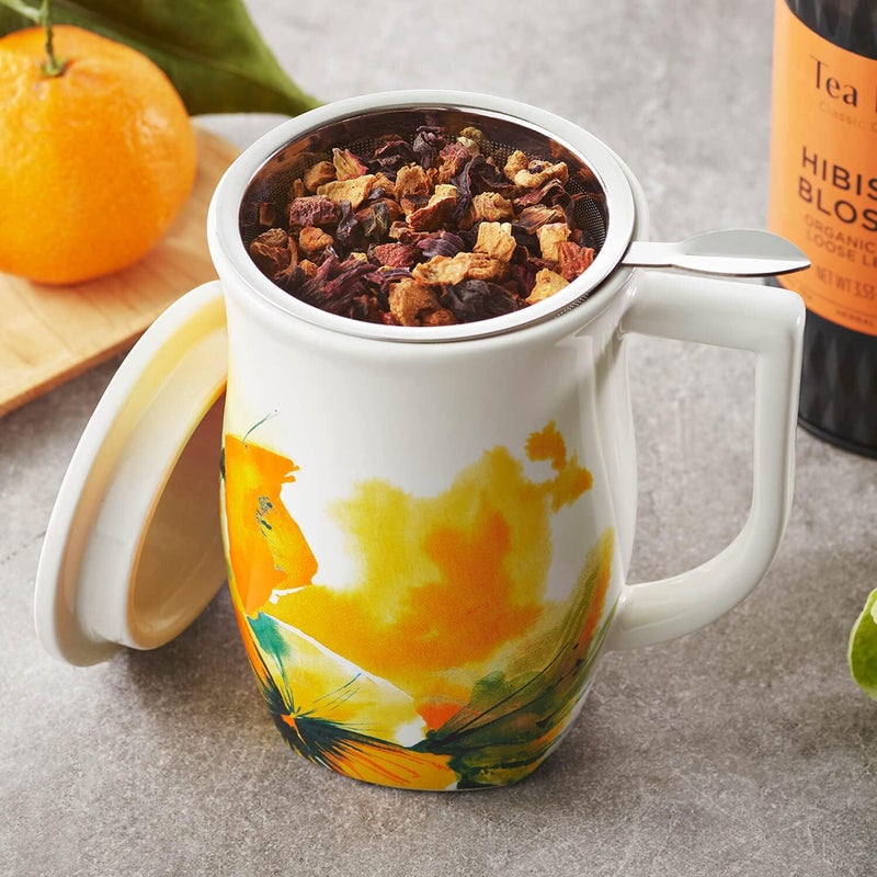 Tea Forte Ceramic Fiore Cup with Handle, Removeable Stainless Steel Infuser Basket and Lid, Steeps 14 oz Loose Leaf Tea, Dishwasher & Microwave Safe, Wild Poppy - Image 3