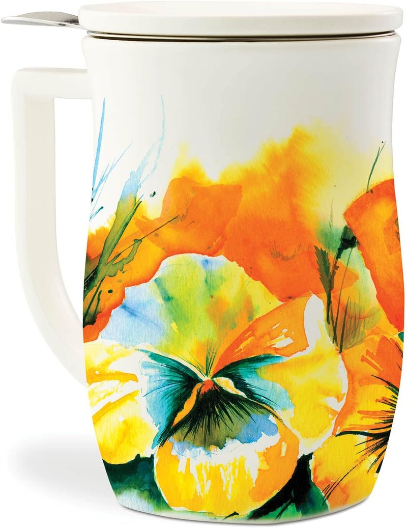Tea Forte Ceramic Fiore Cup with Handle, Removeable Stainless Steel Infuser Basket and Lid, Steeps 14 oz Loose Leaf Tea, Dishwasher & Microwave Safe, Wild Poppy - Image 1