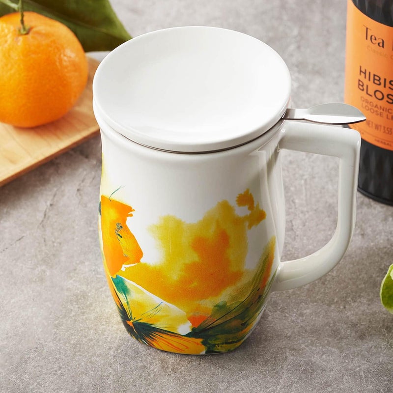 Tea Forte Ceramic Fiore Cup with Handle, Removeable Stainless Steel Infuser Basket and Lid, Steeps 14 oz Loose Leaf Tea, Dishwasher & Microwave Safe, Wild Poppy - Image 2