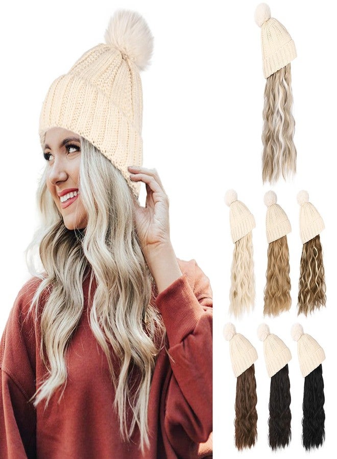Flufymooz FLmaozi Beanie Wig, Hat Hair Extension Long Wavy White Hat Wig with Faux Fur Pom Hat, wig hat Attached 20 Inch Synthetic Hairpiece for Women Girls Winter (Light Blonde with White Blonde) - Image 1