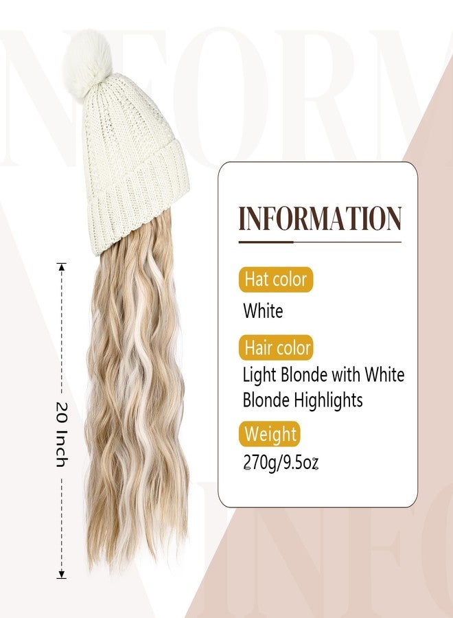 Flufymooz FLmaozi Beanie Wig, Hat Hair Extension Long Wavy White Hat Wig with Faux Fur Pom Hat, wig hat Attached 20 Inch Synthetic Hairpiece for Women Girls Winter (Light Blonde with White Blonde) - Image 3