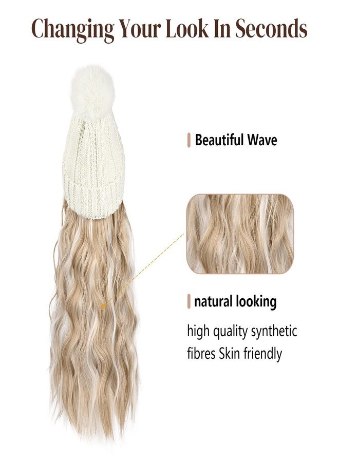 Flufymooz FLmaozi Beanie Wig, Hat Hair Extension Long Wavy White Hat Wig with Faux Fur Pom Hat, wig hat Attached 20 Inch Synthetic Hairpiece for Women Girls Winter (Light Blonde with White Blonde) - Image 2