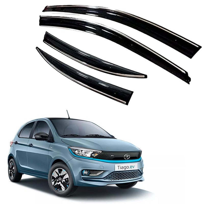 ROYALTECH Premium Chromeline & Silverline Unbreakable Car Rear Window Wind Deflectors & Side Door Visor Rain Guard Compatible with (Tata Tiago EV (2023 Onwards)) - Image 1