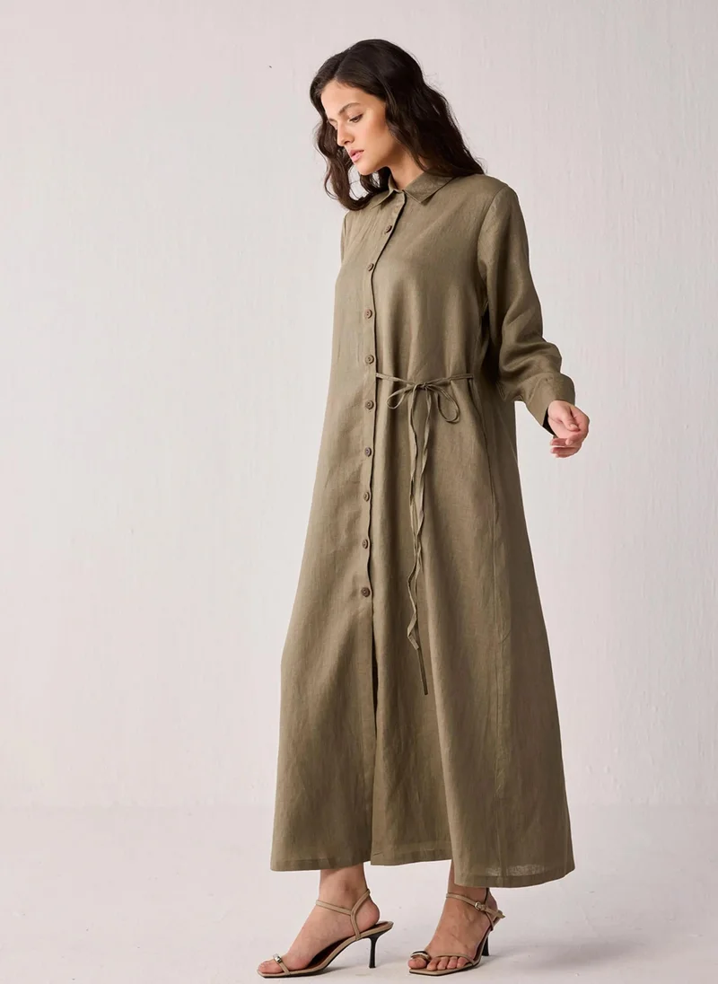 نور Oversized Hemp Shirt Dress With Tie Detail In Dark Green
