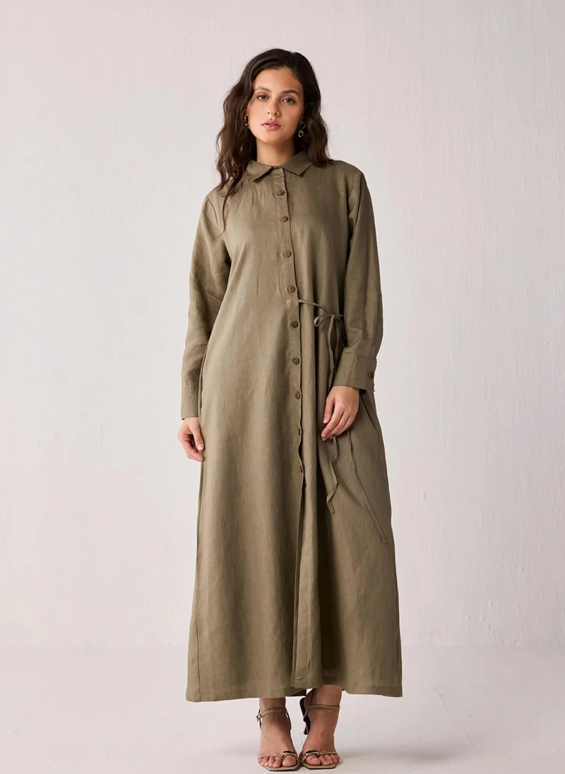 نور Oversized Hemp Shirt Dress With Tie Detail In Dark Green
