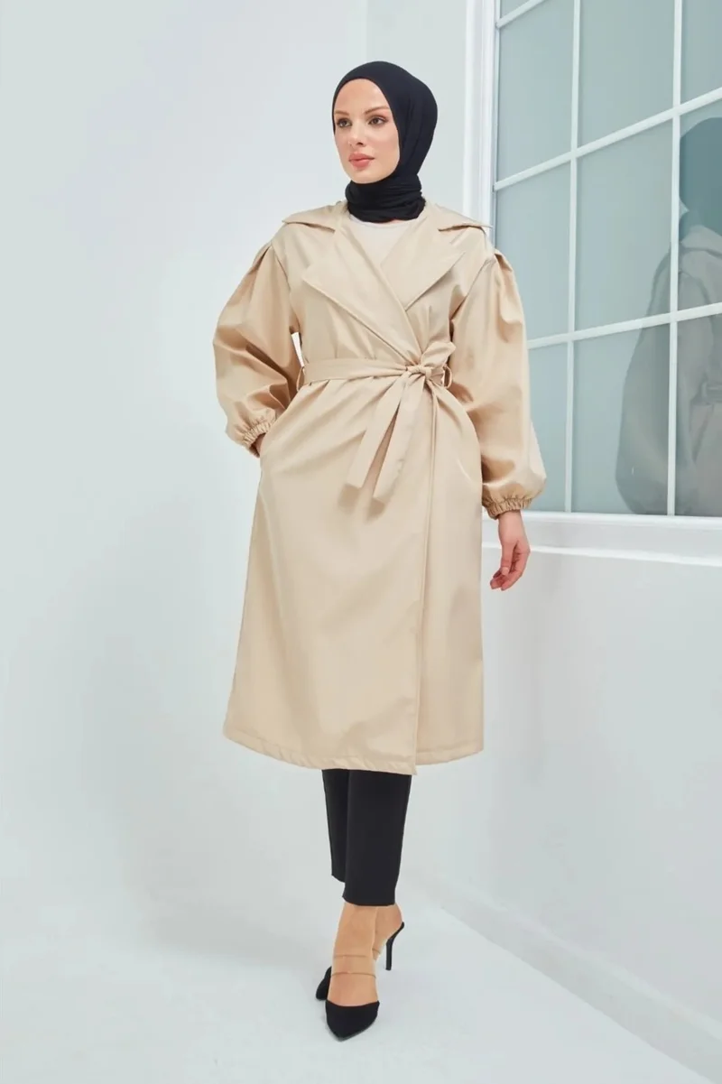 Cng Moda Belted Balloon Sleeve Bondic Fabric Trench Coat