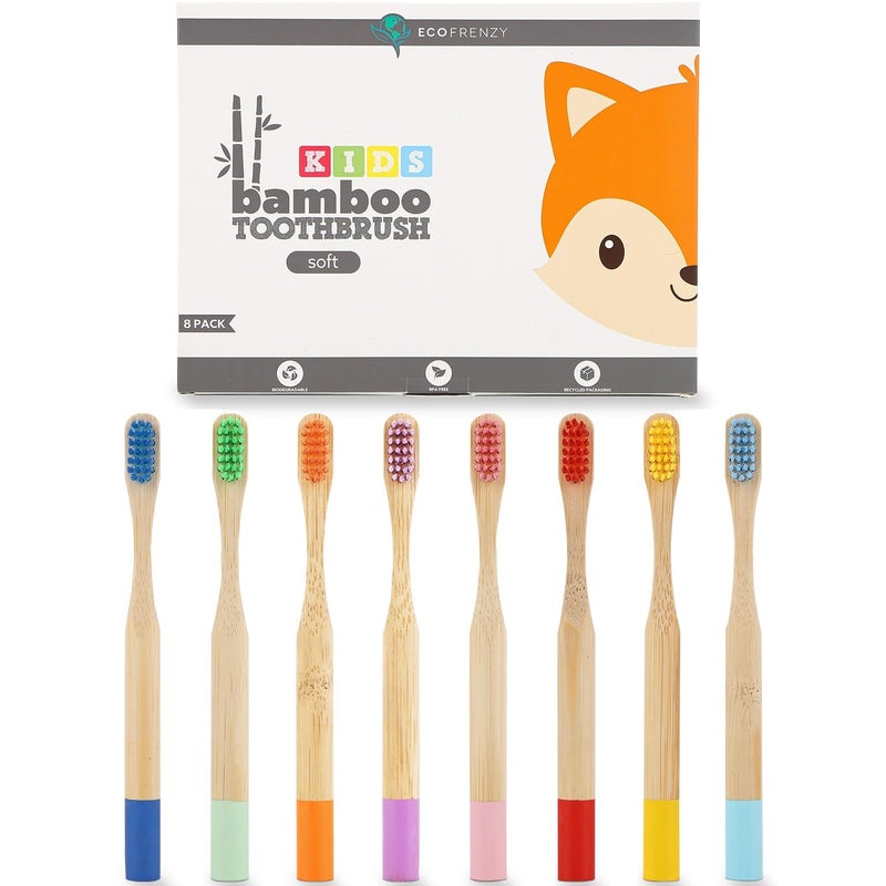 EcoFrenzy Kids Bamboo Toothbrush Child Size Soft BPA Free Color Safe Bristles 8 Pack
