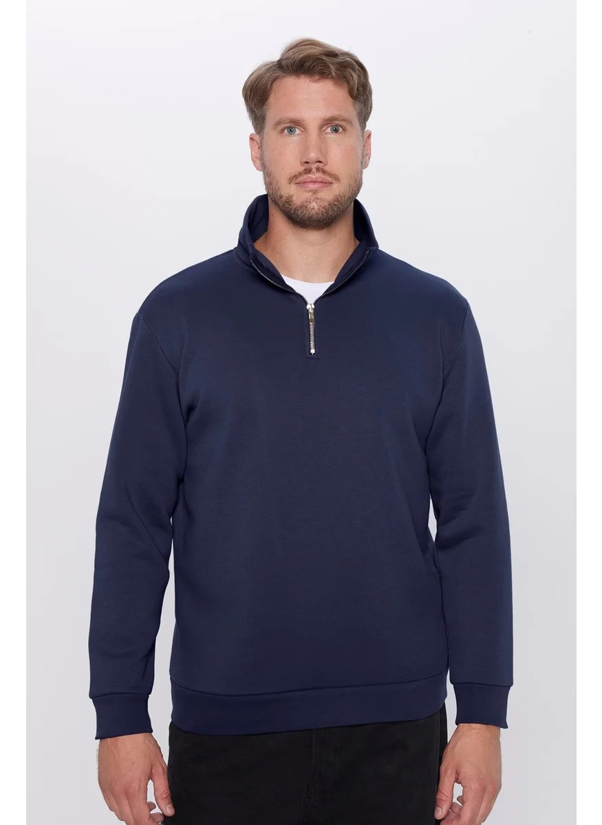 Tudors Relax Fit Comfortable Cut Cotton Fleece Inside Half Zipper Navy Blue Stand Collar Sweatshirt