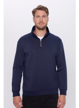 Tudors Relax Fit Comfortable Cut Cotton Fleece Inside Half Zipper Navy Blue Stand Collar Sweatshirt  - Image 1