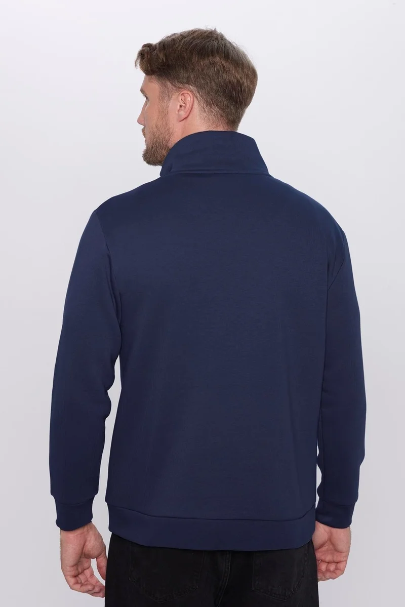 Tudors Relax Fit Comfortable Cut Cotton Fleece Inside Half Zipper Navy Blue Stand Collar Sweatshirt