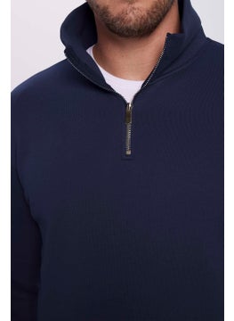 Tudors Relax Fit Comfortable Cut Cotton Fleece Inside Half Zipper Navy Blue Stand Collar Sweatshirt  - Image 4