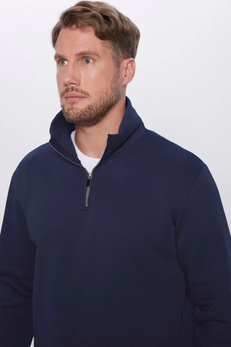 Tudors Relax Fit Comfortable Cut Cotton Fleece Inside Half Zipper Navy Blue Stand Collar Sweatshirt