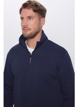 Tudors Relax Fit Comfortable Cut Cotton Fleece Inside Half Zipper Navy Blue Stand Collar Sweatshirt  - Image 3