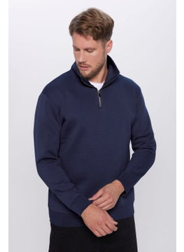 Tudors Relax Fit Comfortable Cut Cotton Fleece Inside Half Zipper Navy Blue Stand Collar Sweatshirt  - Image 2