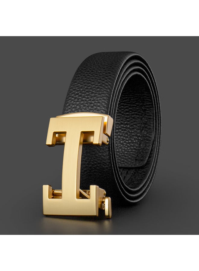 Cow Top Layer Cowhide Men's Belt Casual Automatic Buckle Belt Gift For Boyfriend Father 909 Lychee Pattern Gold - Image 1