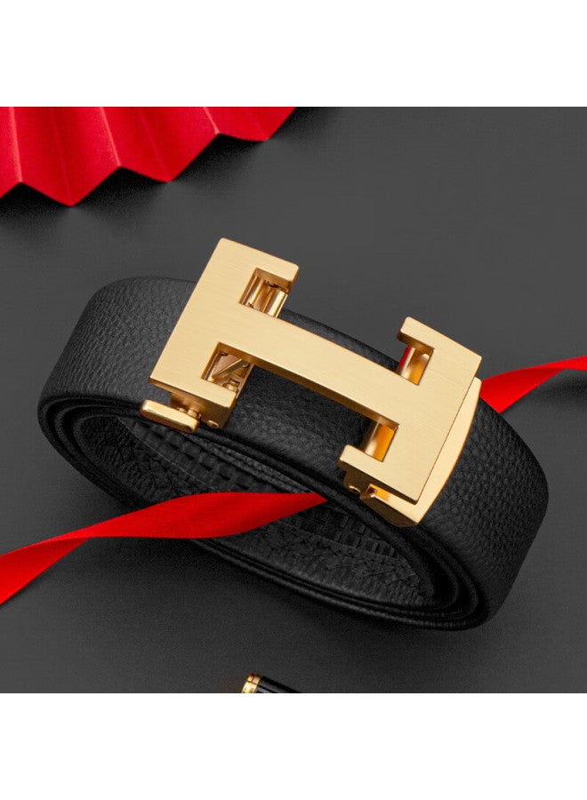 Cow Top Layer Cowhide Men's Belt Casual Automatic Buckle Belt Gift For Boyfriend Father 909 Lychee Pattern Gold - Image 2