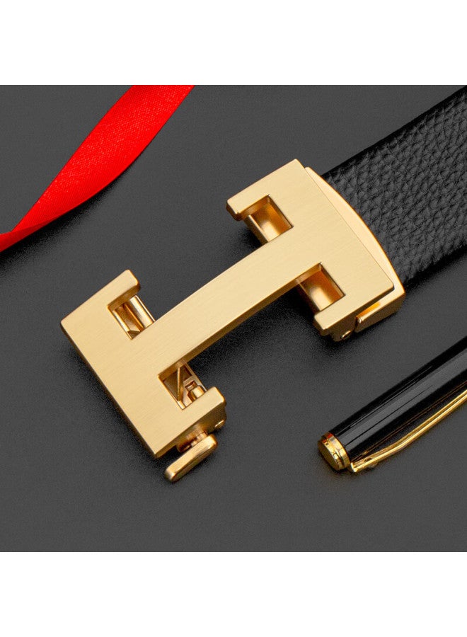 Cow Top Layer Cowhide Men's Belt Casual Automatic Buckle Belt Gift For Boyfriend Father 909 Lychee Pattern Gold - Image 4