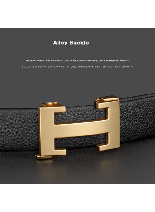 Cow Top Layer Cowhide Men's Belt Casual Automatic Buckle Belt Gift For Boyfriend Father 909 Lychee Pattern Gold - Image 3