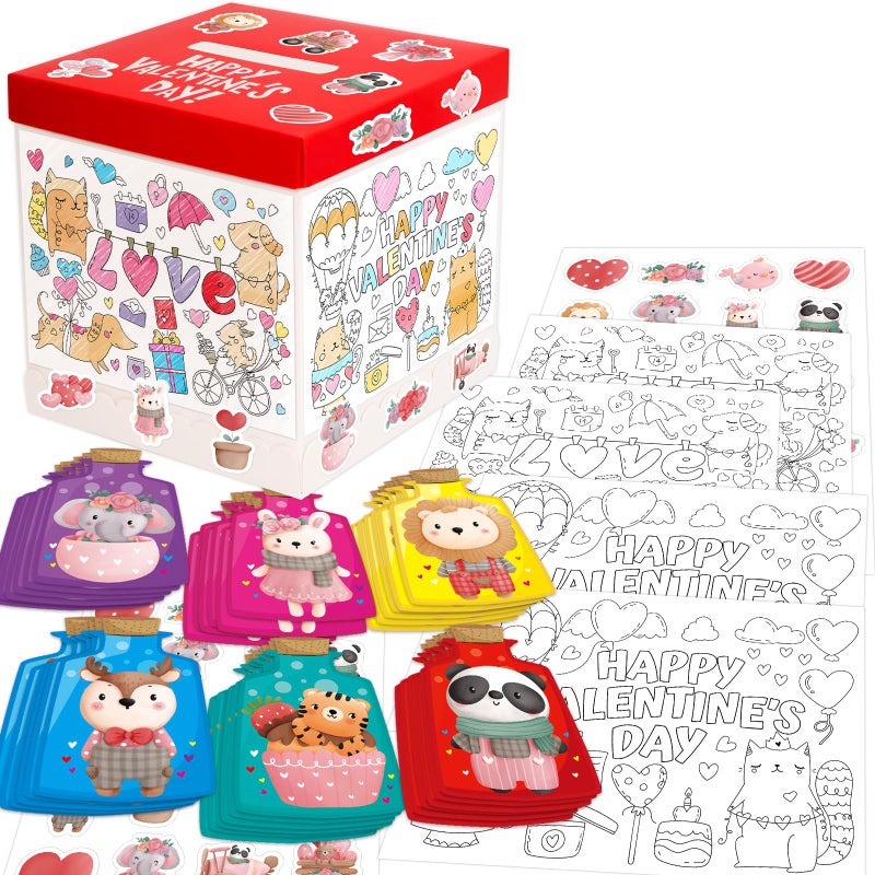 WorldBazaar Valentines Day Cards and Coloring Box for Kids DIY Mailbox Crafts Valentineâ€™s Day Exchange Gift Classroom School Party Activities Game Valentine craft Kit Cute Animals 36 Pack - Image 1