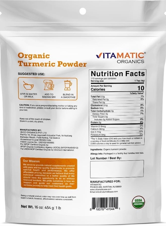 Vitamatic Certified USDA Organic Turmeric Powder 1 Pound (16 Ounce) - Image 3
