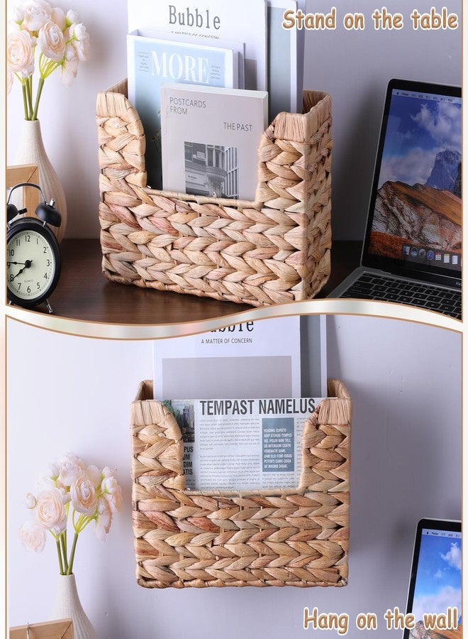 ولهيف حامل مجلات معلق منسوج من WLLHYF، سلة تخزين من نبات زهرة النيل، منظم من الخوص مثبت على الحائط، رف كتب عصري بنمط بوهيمي ريفي مع مقبض، حامل ملفات وصحف وبريد للمنزل والمكتب - Image 4