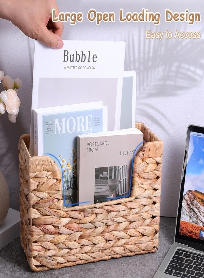 ولهيف حامل مجلات معلق منسوج من WLLHYF، سلة تخزين من نبات زهرة النيل، منظم من الخوص مثبت على الحائط، رف كتب عصري بنمط بوهيمي ريفي مع مقبض، حامل ملفات وصحف وبريد للمنزل والمكتب - Image 5