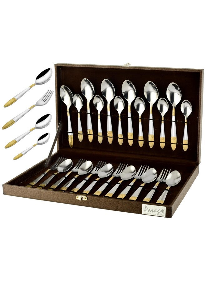 Parage 24 Pieces Premium Stainless Steel Golden Cutlery Set, Home & Kitchen with Gift Box, (6 Pieces Each Table Spoons, Table Forks, Dinner Spoon & Tea Spoons) with Leatherite Box (Ivory Design) - Image 1