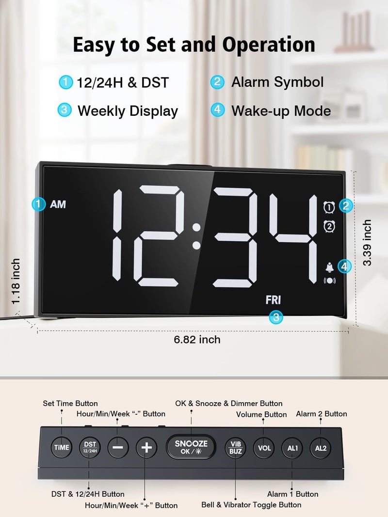PPLEE Loud Alarm Clock for Heavy Sleepers,Dual Vibrating Alarm Clock with 3-level Vibration for Hearing-impaired Deaf,Weekday/Everyday Mode,5 Dimmer,5 Volume,Large Numbers,USB Charger,Power-off Memory - Image 5