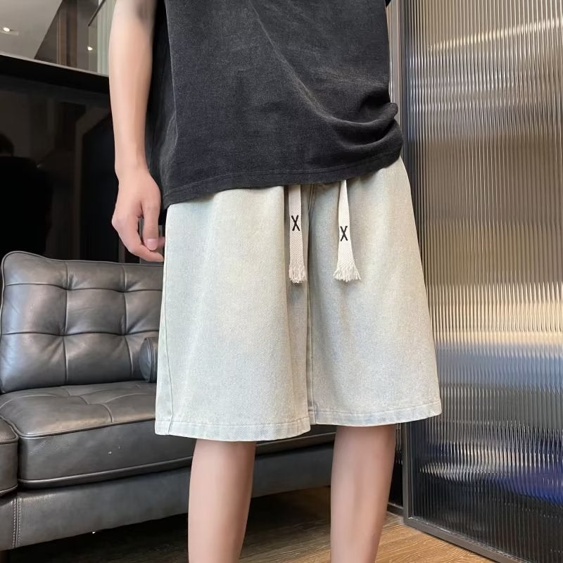 Trendy Brand Denim Shorts Mens Summer Korean Style Trendy All-match Loose Pants High Street Straight Wide-leg Pants yellow mud color 