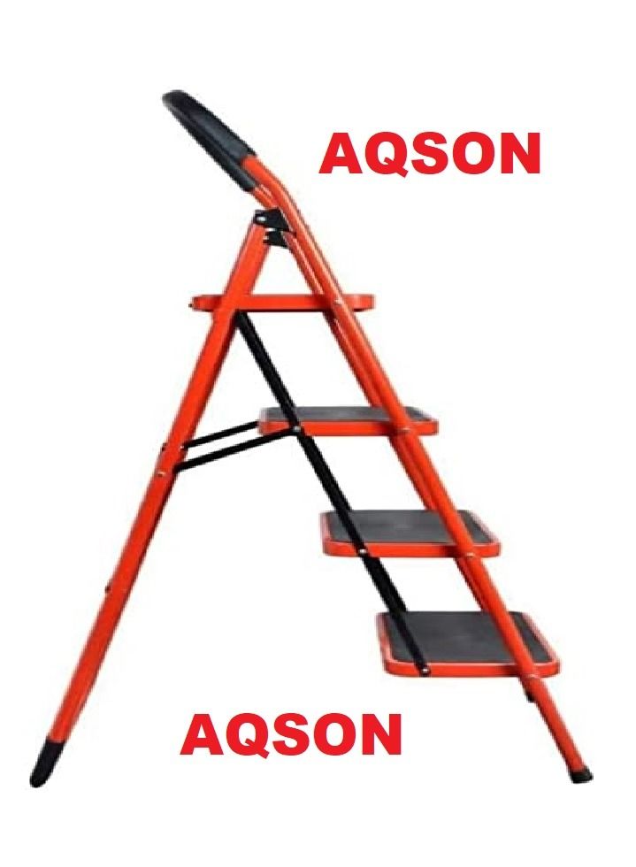 AQSON 4 Step Ladder Folding Wide Step Steel Ladder 150kg Capacity, Multi Purpose Portable Step Stool for Home,Kitchen, Garden, Office, Warehouse Red, 4step ladder - Image 2