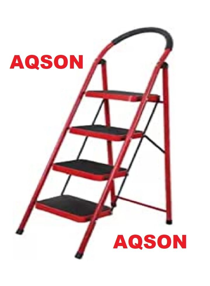 AQSON 4 Step Ladder Folding Wide Step Steel Ladder 150kg Capacity, Multi Purpose Portable Step Stool for Home,Kitchen, Garden, Office, Warehouse Red, 4step ladder - Image 1