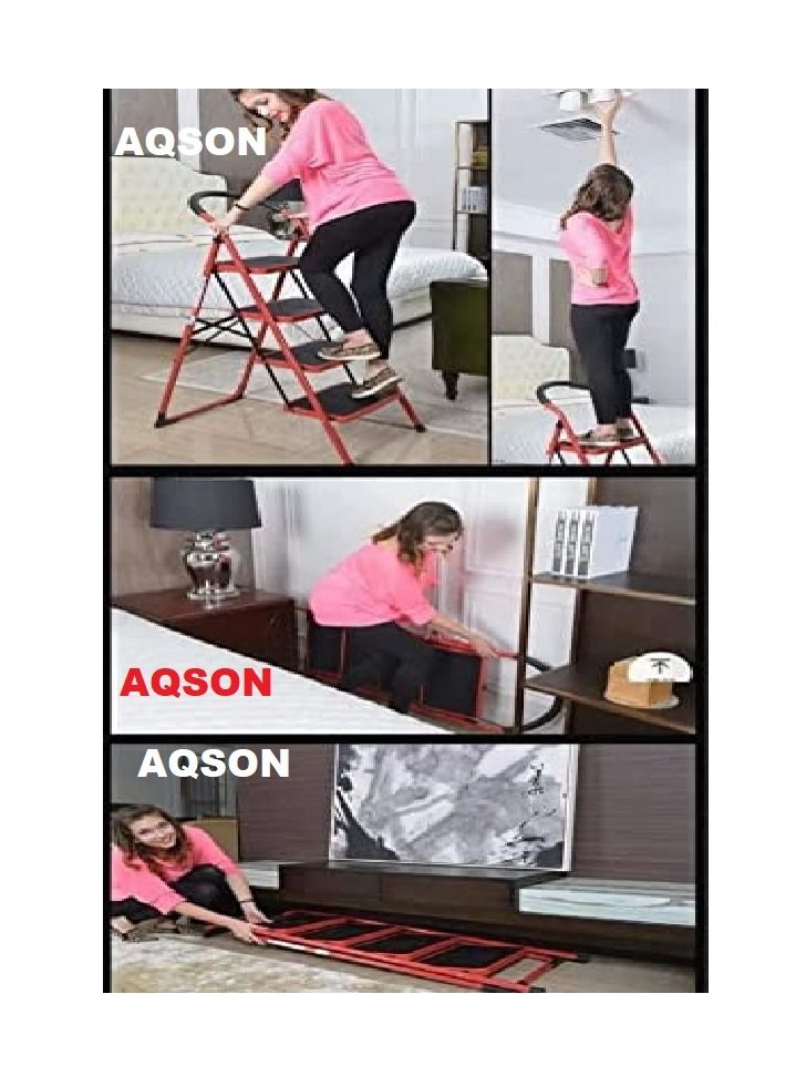 AQSON 4 Step Ladder Folding Wide Step Steel Ladder 150kg Capacity, Multi Purpose Portable Step Stool for Home,Kitchen, Garden, Office, Warehouse Red, 4step ladder - Image 4
