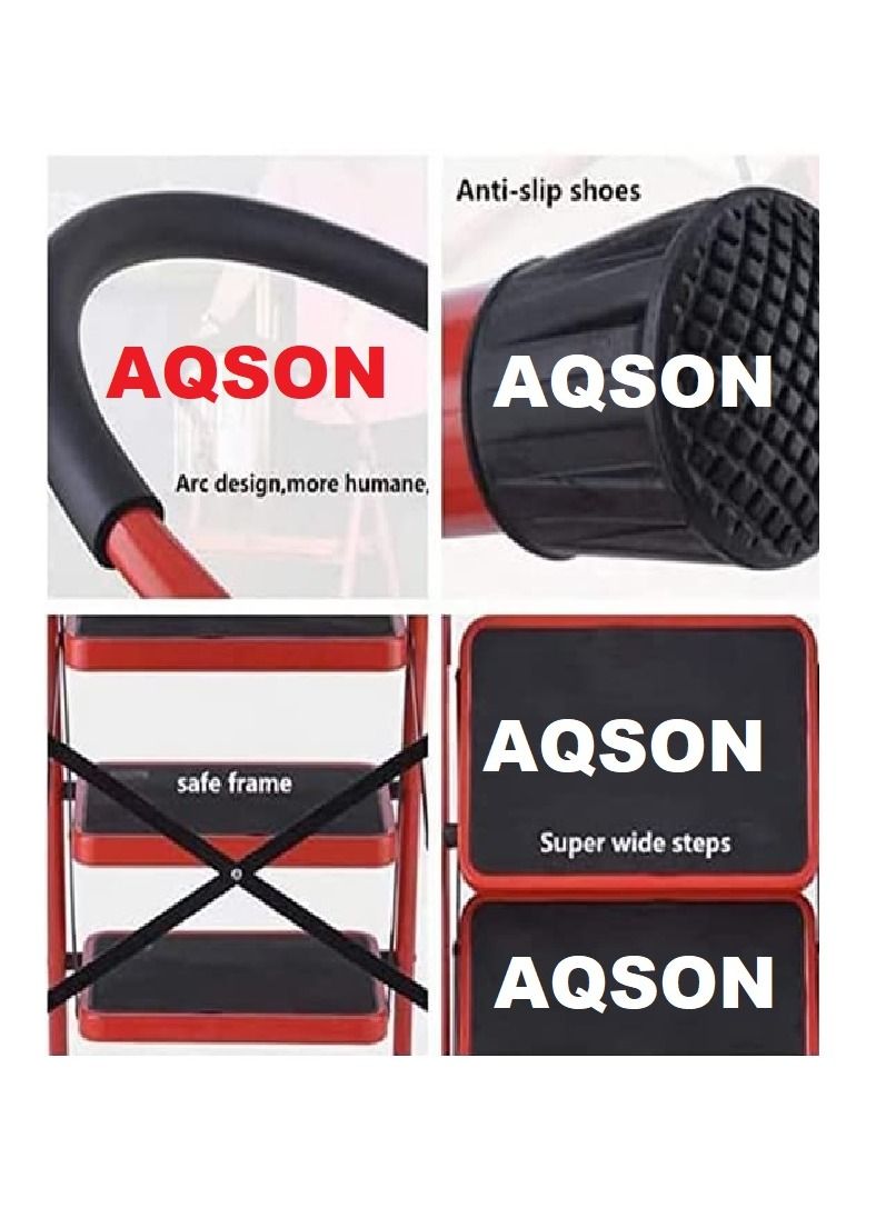 AQSON 4 Step Ladder Folding Wide Step Steel Ladder 150kg Capacity, Multi Purpose Portable Step Stool for Home,Kitchen, Garden, Office, Warehouse Red, 4step ladder - Image 3