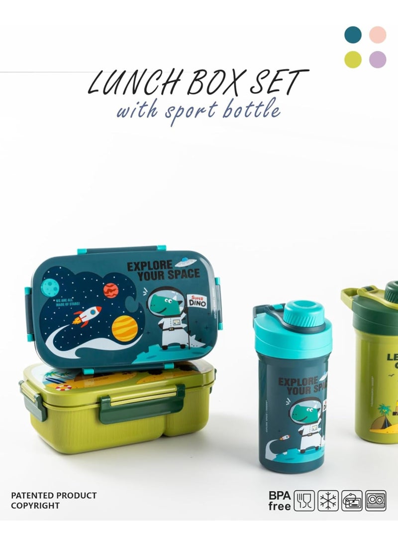 Twisoo - Twisoo Kids Space Lunch Box and Water Bottle Combo Set - 1800ml Leakproof 3-Compartment Lunchbox with Spoon, BPA-Free Food Grade Plastic, 500ml Spillproof Water Bottle for School (Green) - Image 1