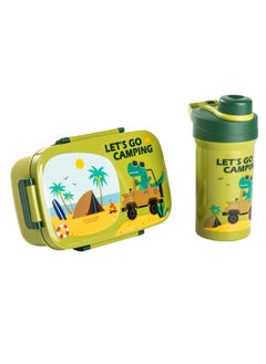 Twisoo Kids Space Lunch Box and Water Bottle Combo Set - 1800ml Leakproof 3-Compartment Lunchbox with Spoon, BPA-Free Food Grade Plastic, 500ml Spillproof Water Bottle for School (Green)