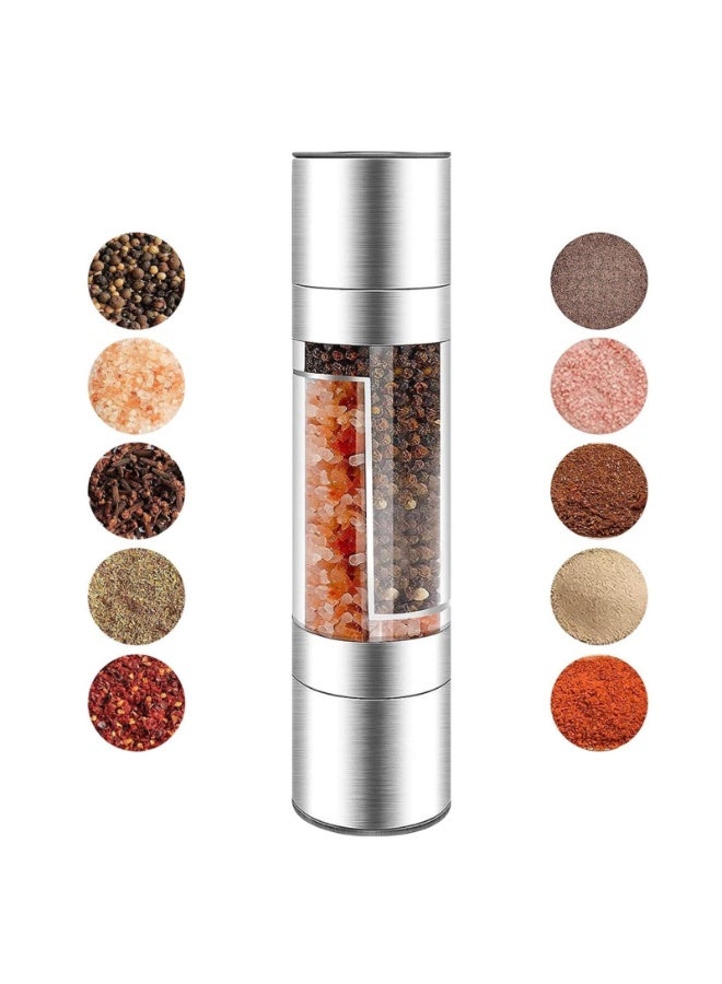 مطحنة ملح وفلفل يدوية 2 في 1 من الفولاذ المقاوم للصدأ، قابلة لإعادة التعبئة، مزودة بدوار سيراميك وحجرة أكريليك شفافة مزدوجة، مع إمكانية تعديل درجة الخشونة. - Image 1