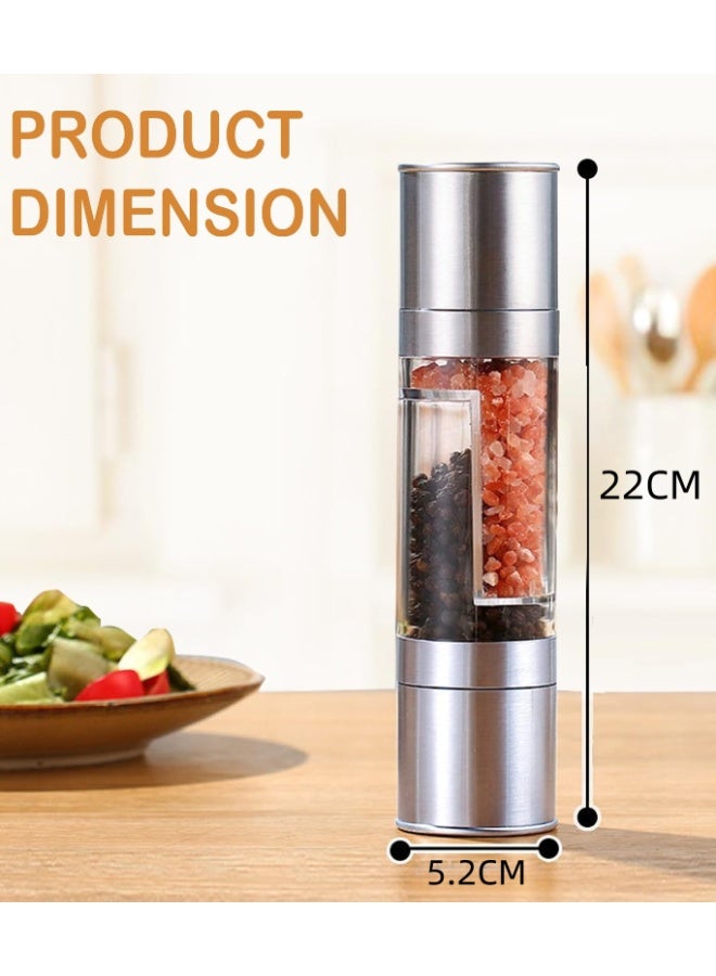 مطحنة ملح وفلفل يدوية 2 في 1 من الفولاذ المقاوم للصدأ، قابلة لإعادة التعبئة، مزودة بدوار سيراميك وحجرة أكريليك شفافة مزدوجة، مع إمكانية تعديل درجة الخشونة. - Image 3