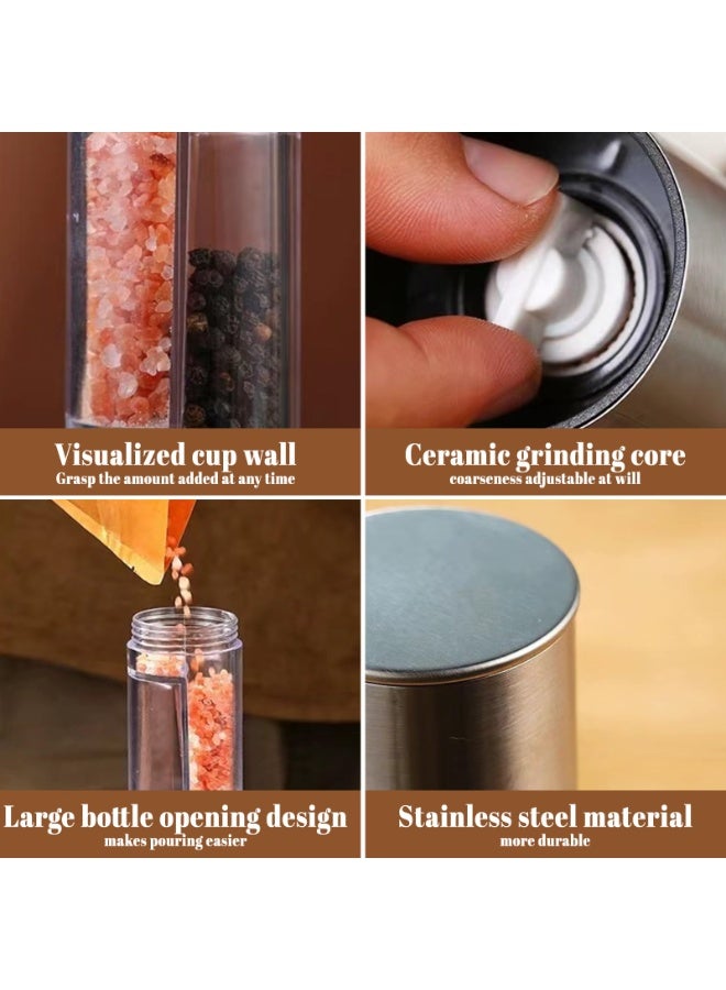 مطحنة ملح وفلفل يدوية 2 في 1 من الفولاذ المقاوم للصدأ، قابلة لإعادة التعبئة، مزودة بدوار سيراميك وحجرة أكريليك شفافة مزدوجة، مع إمكانية تعديل درجة الخشونة. - Image 5