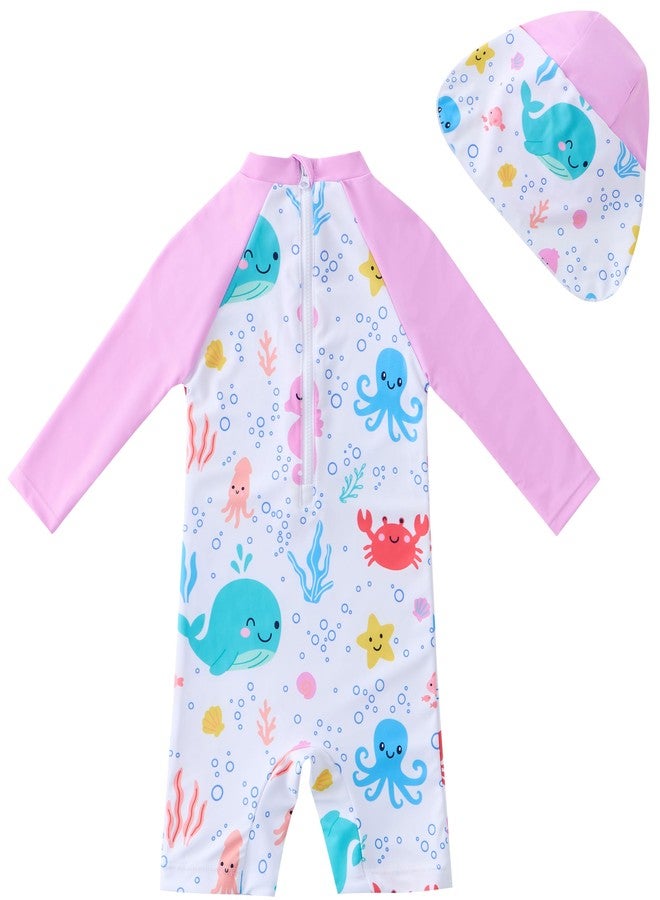 UMELOK Baby Girls Swimsuit UPF 50+ Sun Protection One Piece Bathing Suits with Hat (Light Pink, Whale, 12-18 Months) - Image 2