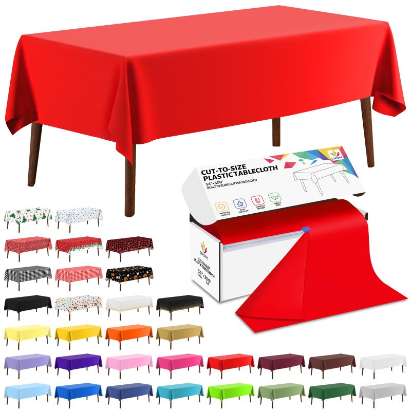 CXPSINC CXPSINC 54 Inch X 300 Feet Plastic Table Cover Roll Disposable Tablecloth with Slide Cutter for All TypeShape Tables  Picnic Party Banquet Birthdays Weddings Red 300 Feet