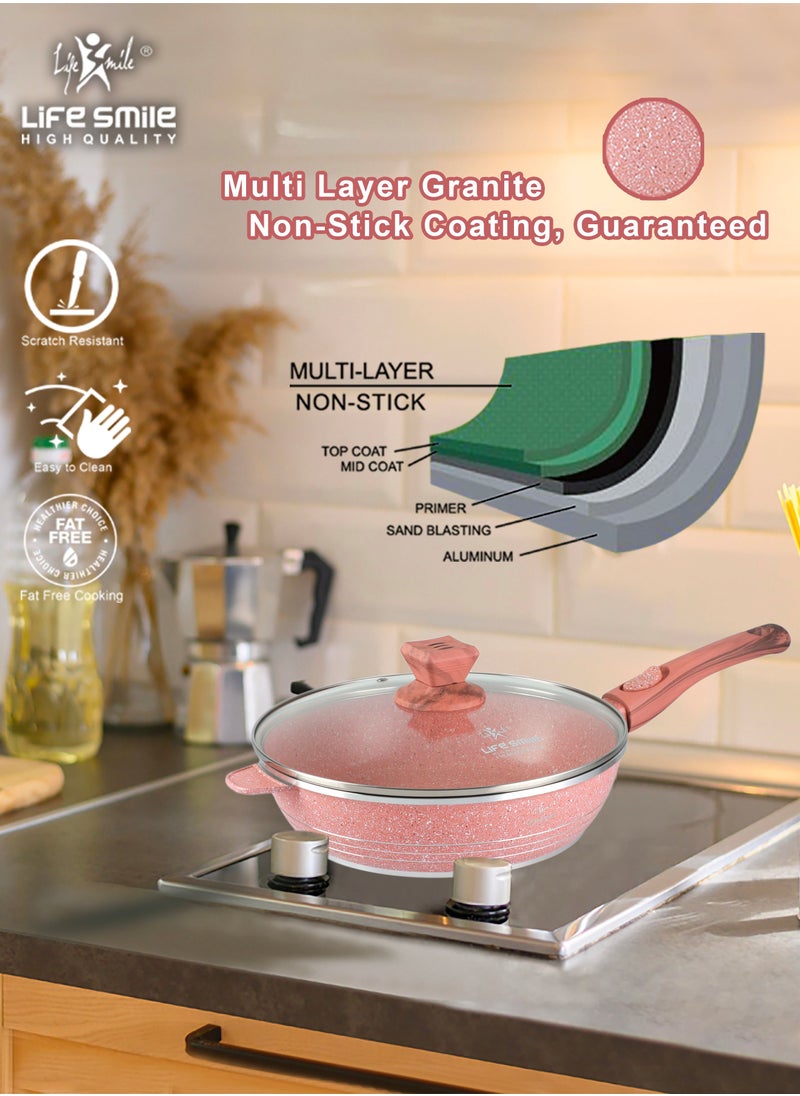 Life Smile - Detachable Handle Deep Frying Pan With Lid - Multi Layer Granite Coating Fry Pan Non Stick Frying Pan - Heat-Resistant Handle Hanging Loop Pink - Image 1