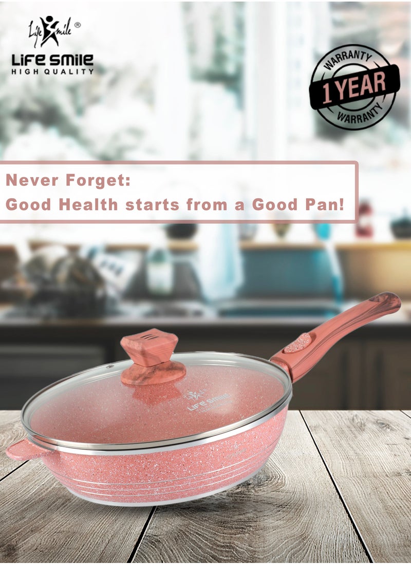 Life Smile - Detachable Handle Deep Frying Pan With Lid - Multi Layer Granite Coating Fry Pan Non Stick Frying Pan - Heat-Resistant Handle Hanging Loop Pink - Image 1