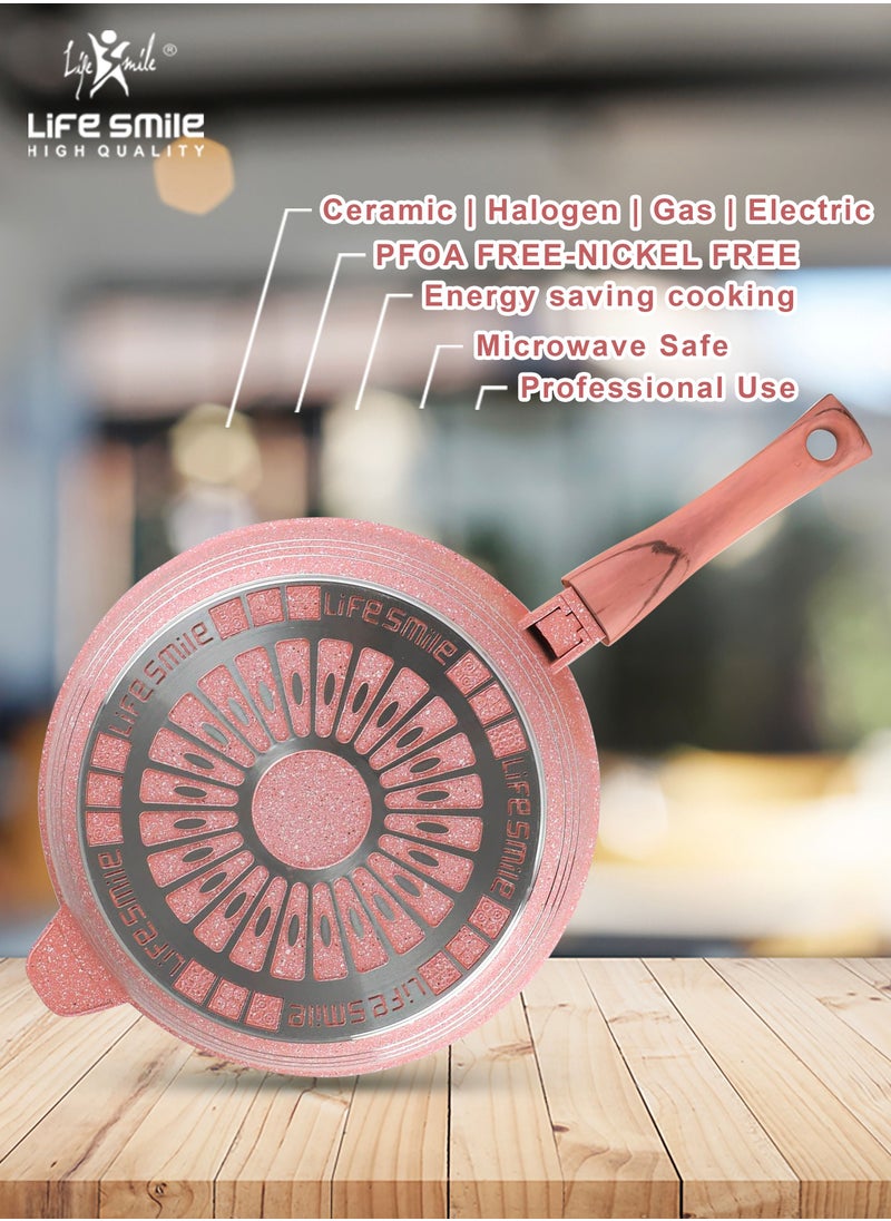 Life Smile - Detachable Handle Deep Frying Pan With Lid - Multi Layer Granite Coating Fry Pan Non Stick Frying Pan - Heat-Resistant Handle Hanging Loop Pink - Image 1