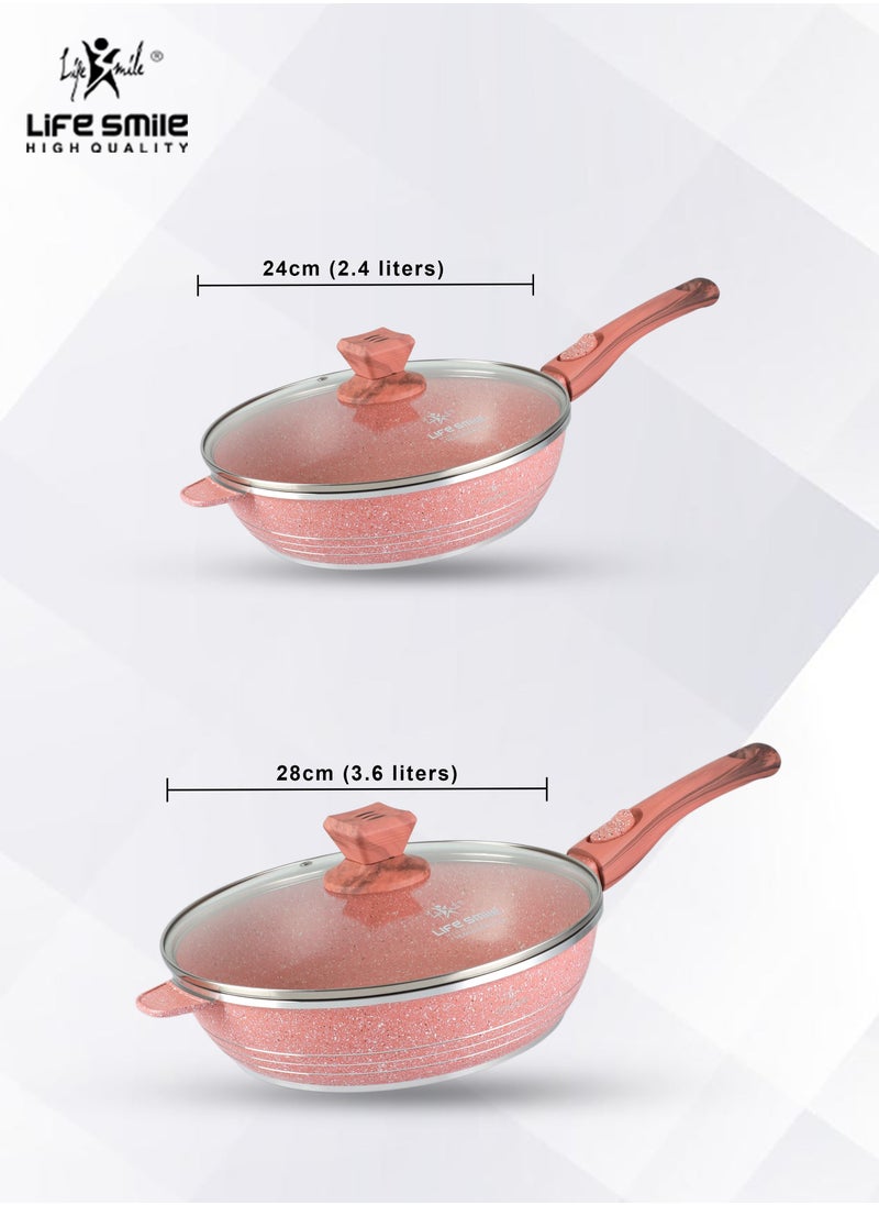 Life Smile - Detachable Handle Deep Frying Pan With Lid - Multi Layer Granite Coating Fry Pan Non Stick Frying Pan - Heat-Resistant Handle Hanging Loop Pink - Image 1