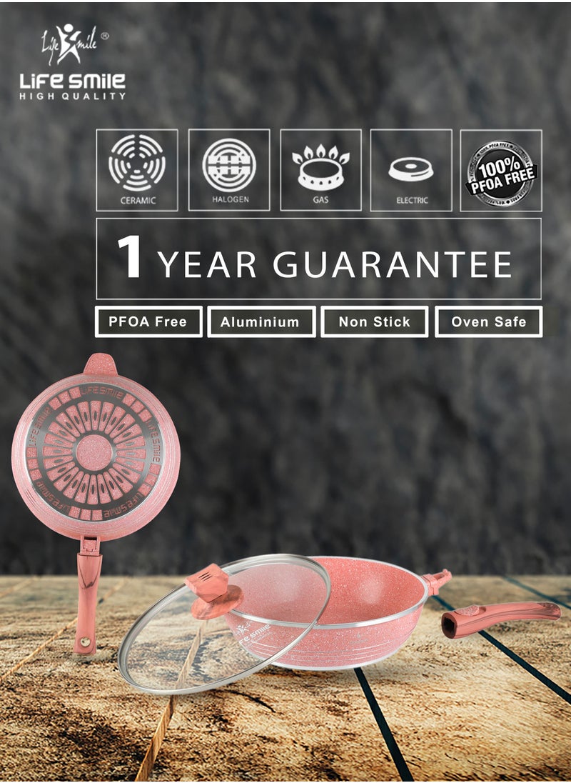 Life Smile - Detachable Handle Deep Frying Pan With Lid - Multi Layer Granite Coating Fry Pan Non Stick Frying Pan - Heat-Resistant Handle Hanging Loop Pink - Image 1