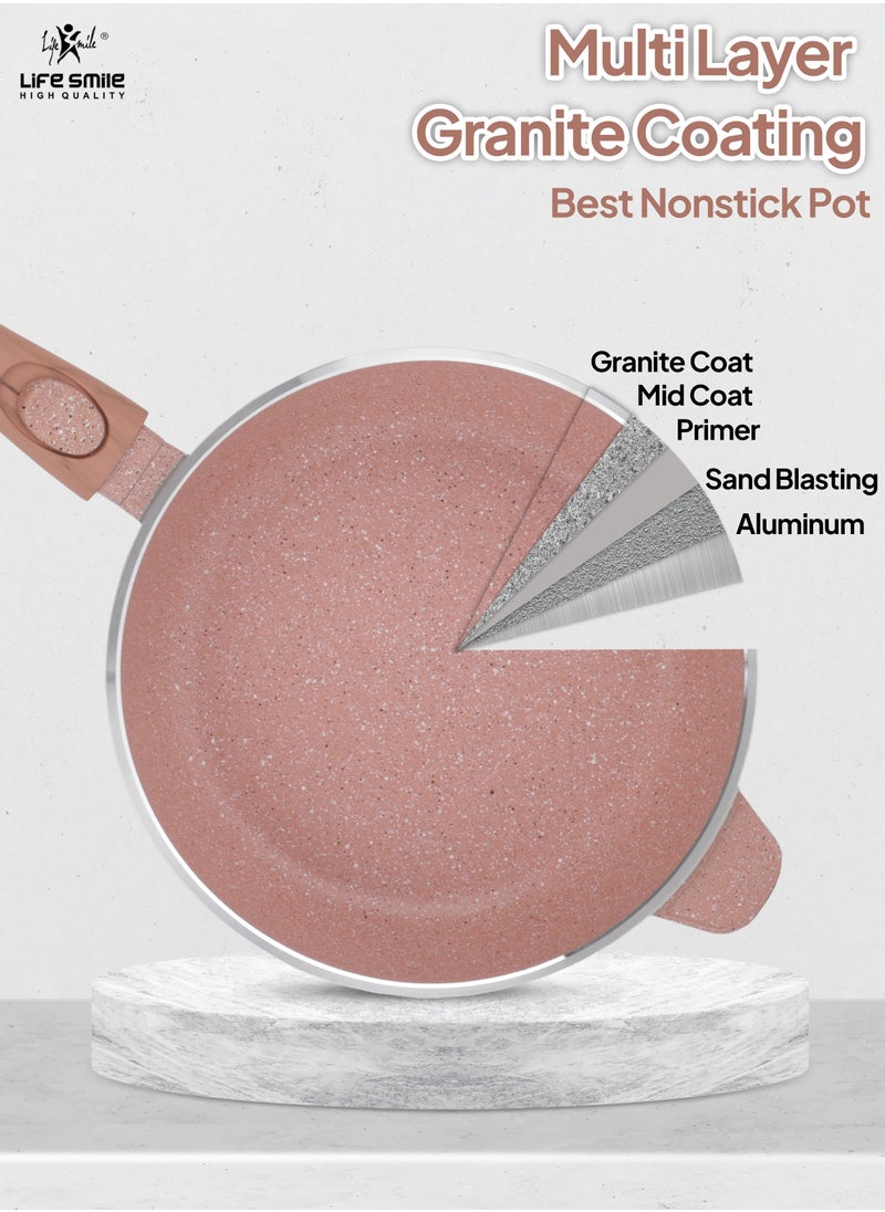 Life Smile - Detachable Handle Deep Frying Pan With Lid - Multi Layer Granite Coating Fry Pan Non Stick Frying Pan - Heat-Resistant Handle Hanging Loop Pink - Image 1