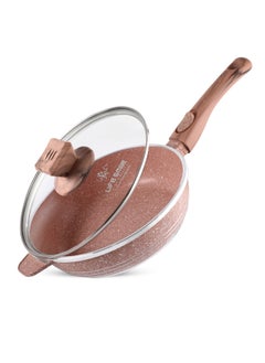 Detachable Handle Deep Frying Pan With Lid - Multi Layer Granite Coating Fry Pan Non Stick Frying Pan - Heat-Resistant Handle Hanging Loop Pink