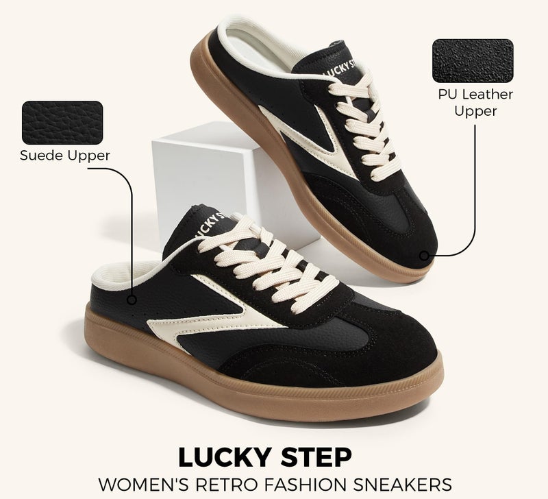 LUCKY STEP Womenâ€™s Slip On Mules Sneakers Fashion Backless Walking Shoes Non Slip Retro Casual Open Back Shoe(8.5 M US Black/White) - Image 5